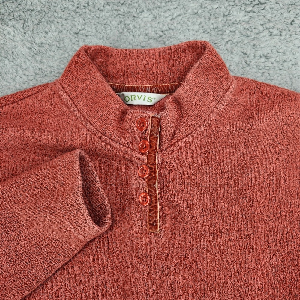 Orvis 1/4 Button Henley Pullover Sweater Mens M Pockets Long Sleeve Orange